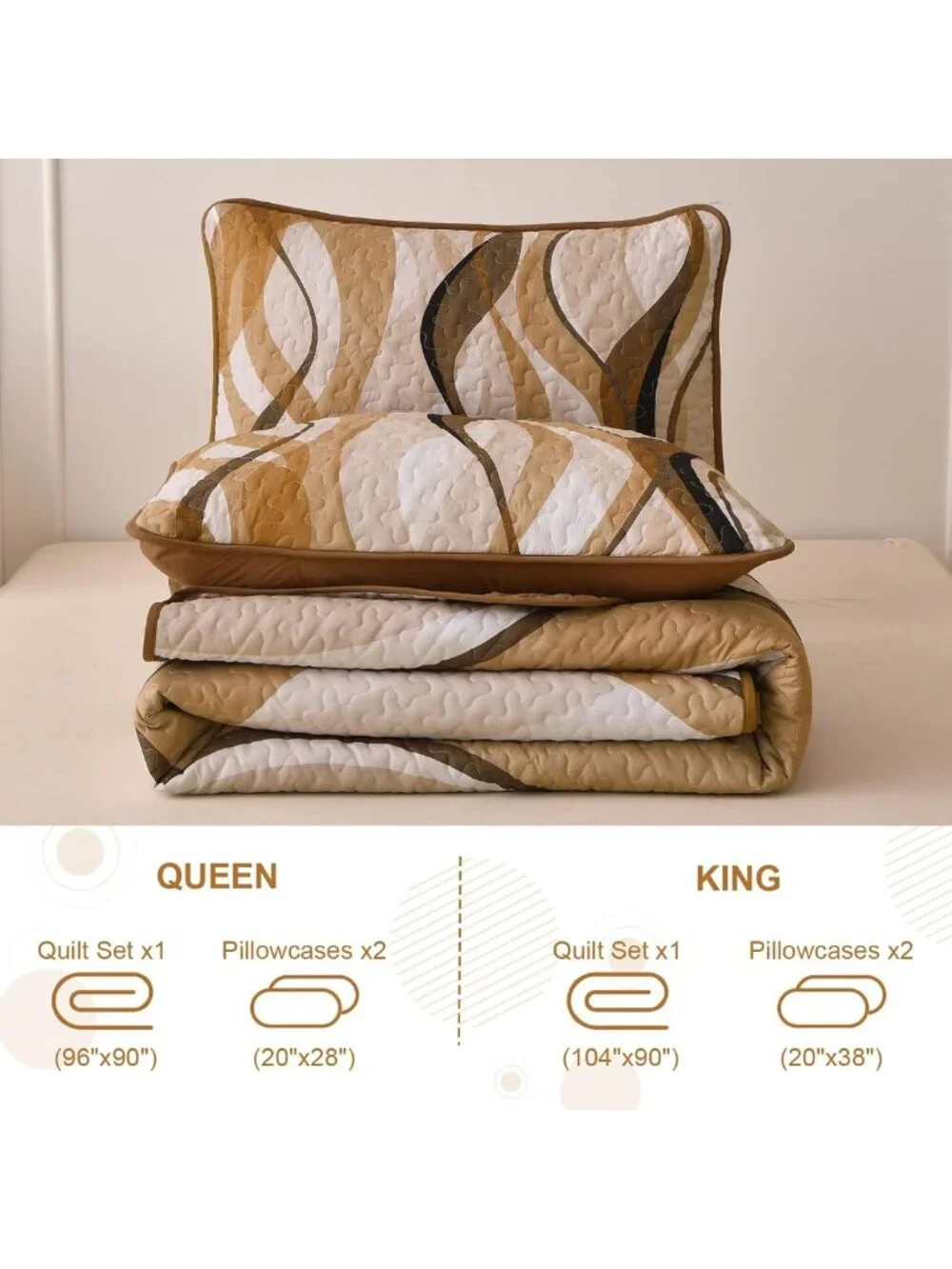 King Size Quilt Set - Brown & Grey Stripe Bedding, 3PCs Soft Microfiber Coverlet